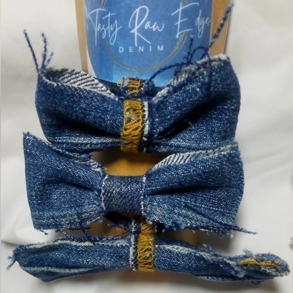 Tasty Raw Edge Denim Tri-Bun Bows